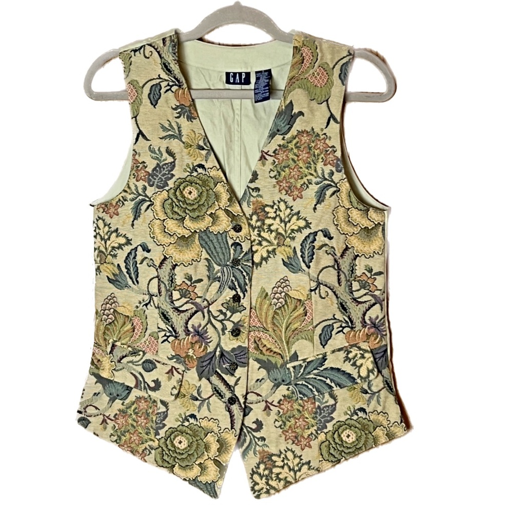 Vintage GAP Tapestry VEST Floral Button Up Green Yellow Size S Cotton Blend